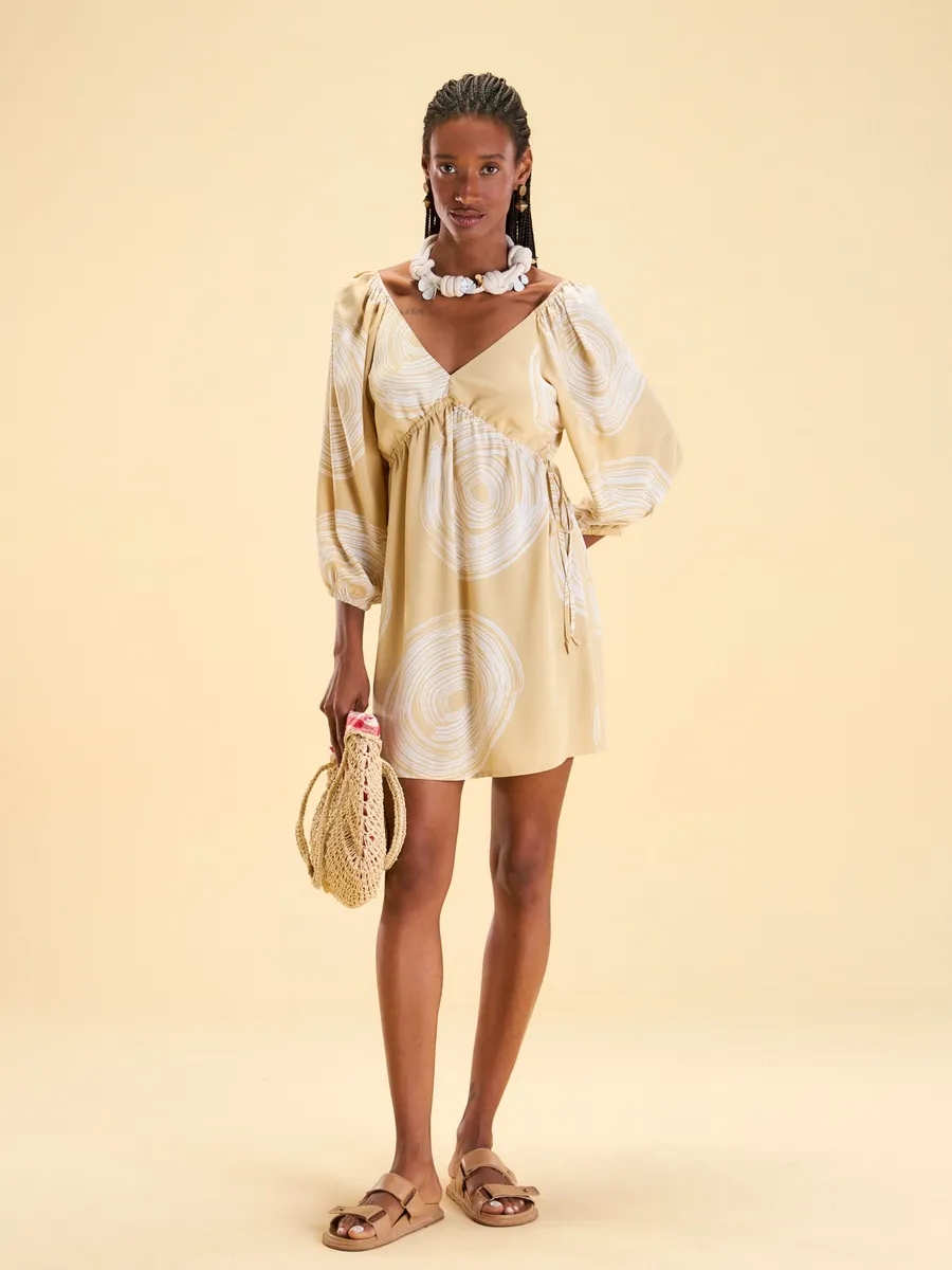 Cantão — Vestido curto franzido estampado inari